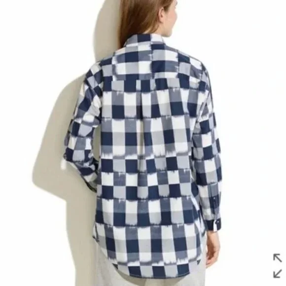 Madewell Bleeding Blue and White Plaid Women's Button-Up High Low Hem Top Small - Picture 2 of 7